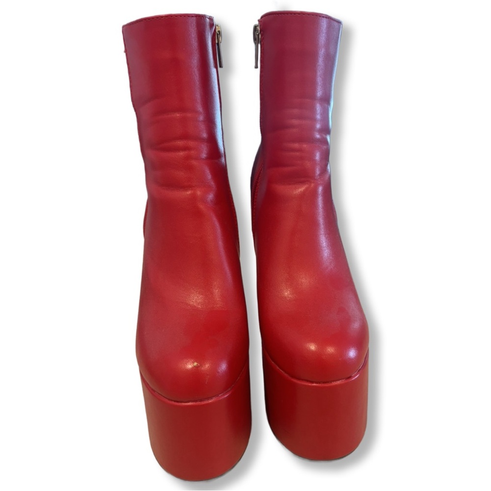 Lambda Faux Leather Red Platform Ankle Boots Size… - image 4